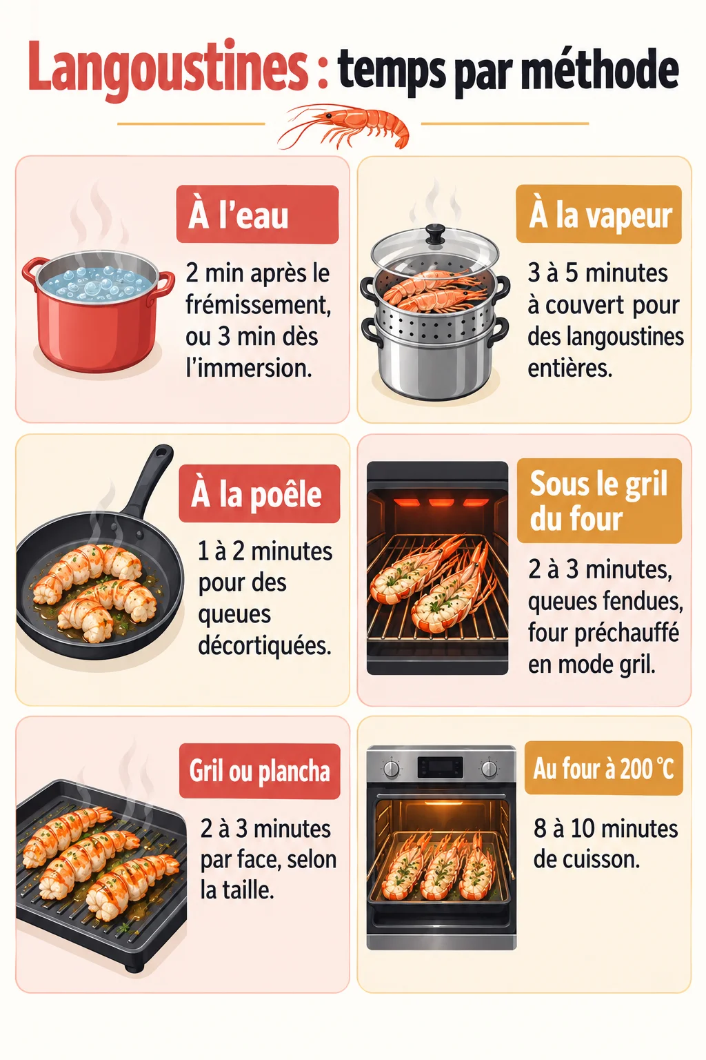 Langoustines : temps par méthode : À l'eau, À la vapeur, À la poêle, Sous le gril du four, Gril ou plancha, Au four à 200 °C