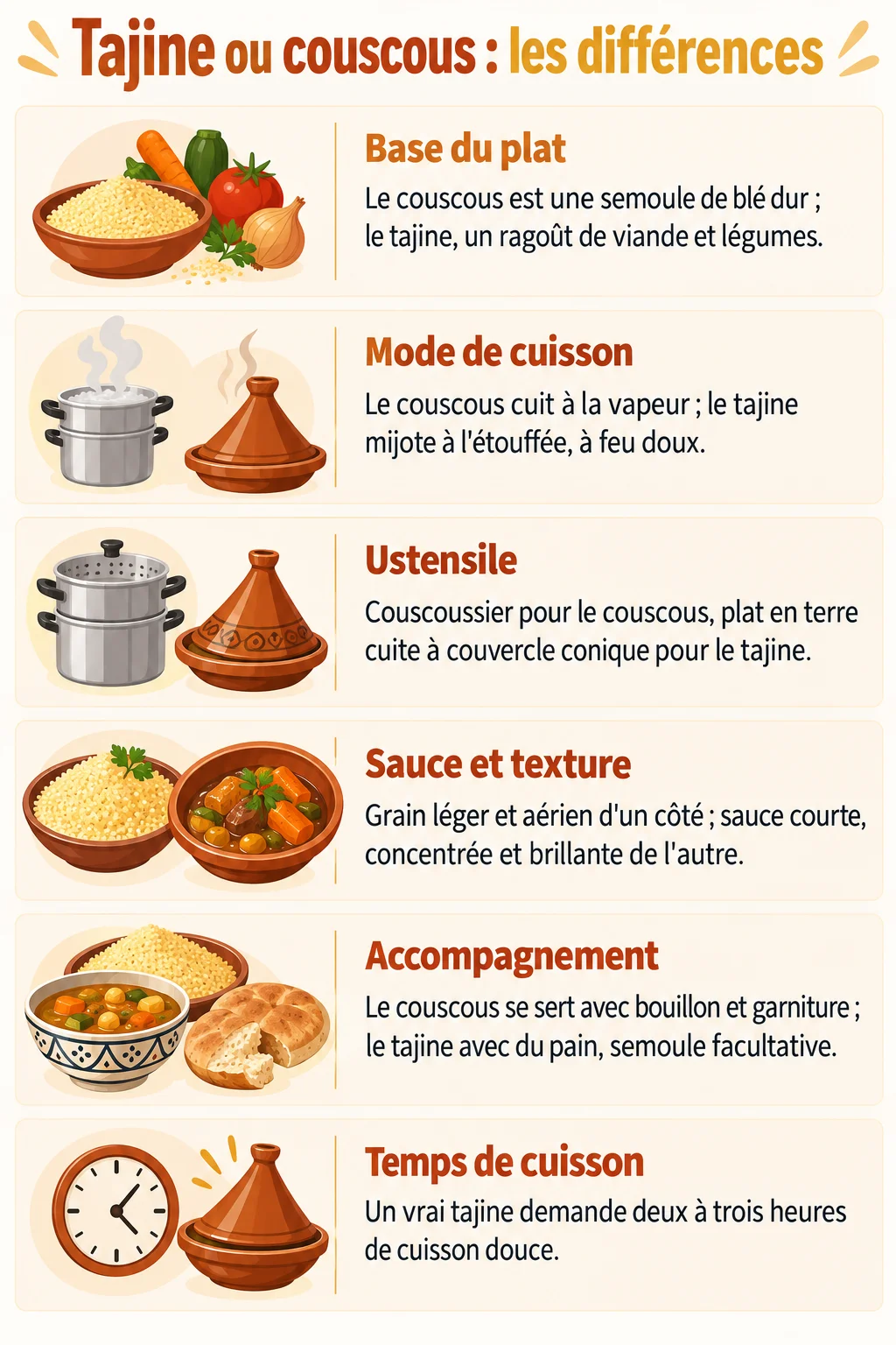 Tajine ou couscous : les différences : Base du plat, Mode de cuisson, Ustensile, Sauce et texture, Accompagnement, Temps de cuisson