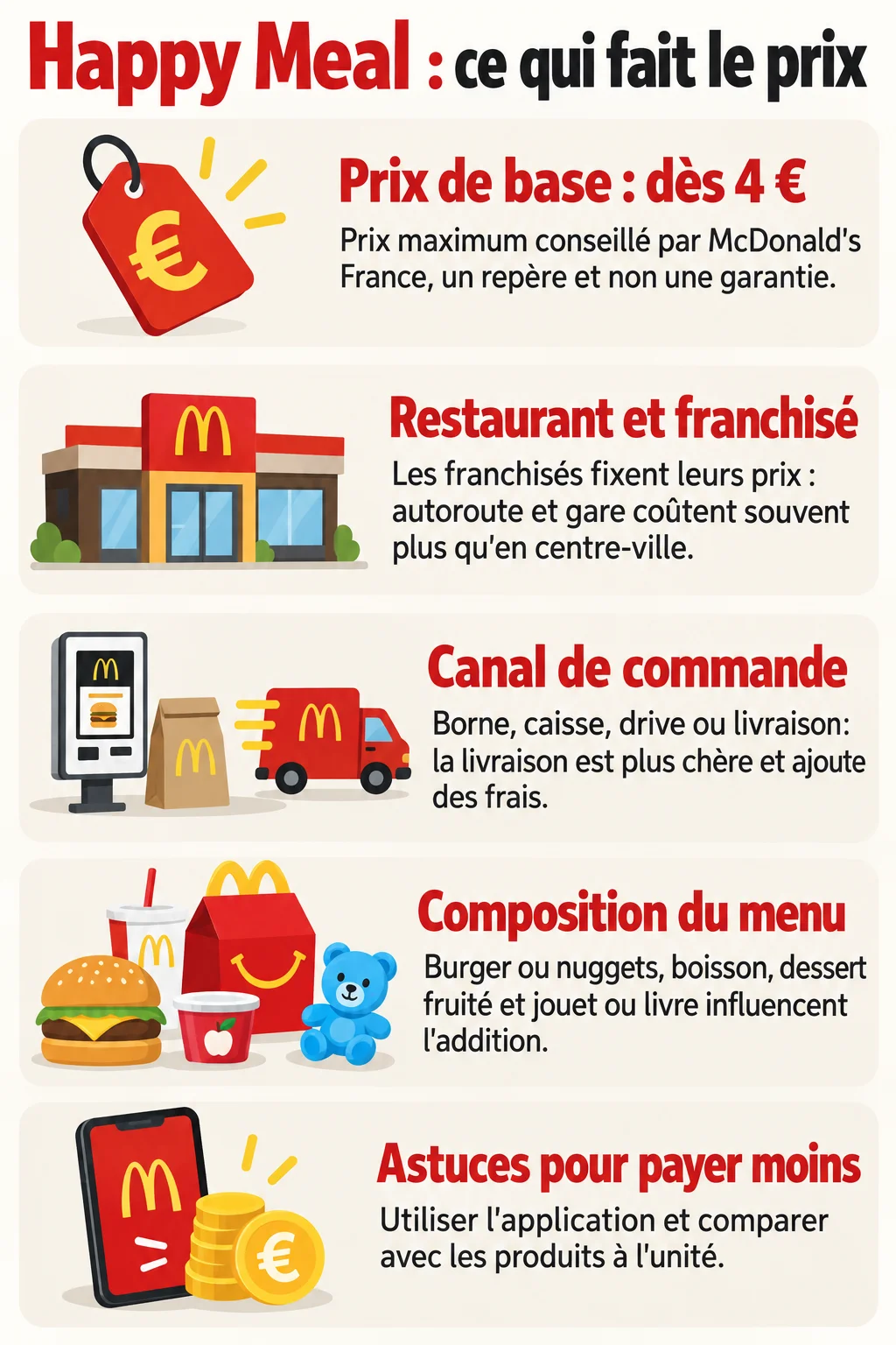 Happy Meal : ce qui fait le prix : Prix de base : dès 4 €, Restaurant et franchisé, Canal de commande, Composition du menu, Astuces pour payer moins