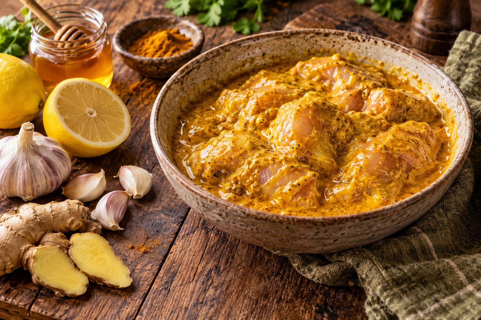 Morceaux de poulet enrobés de marinade au curry dans un bol en grès, avec ail, gingembre et citron
