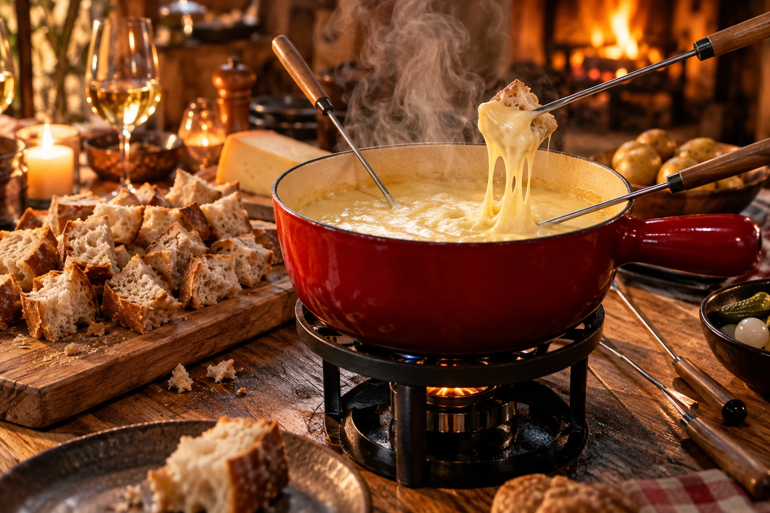 Caquelon de fondue au fromage et cubes de pain de campagne rassis sur une table en bois