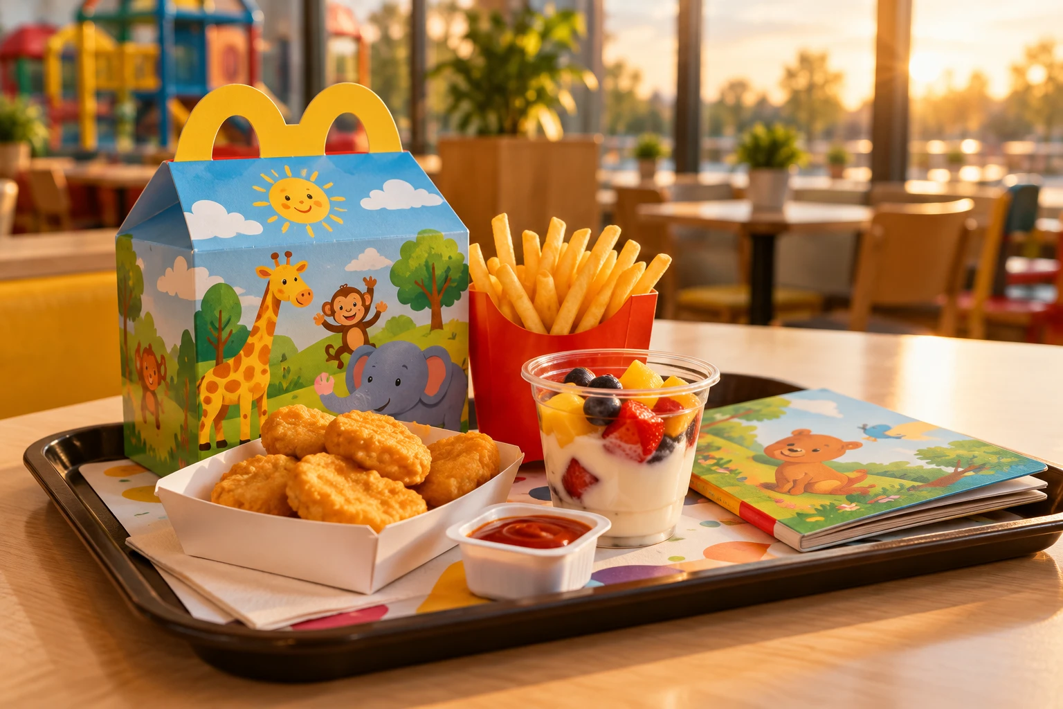 Plateau de Happy Meal avec nuggets, frites, dessert fruité et livre sur une table de restaurant